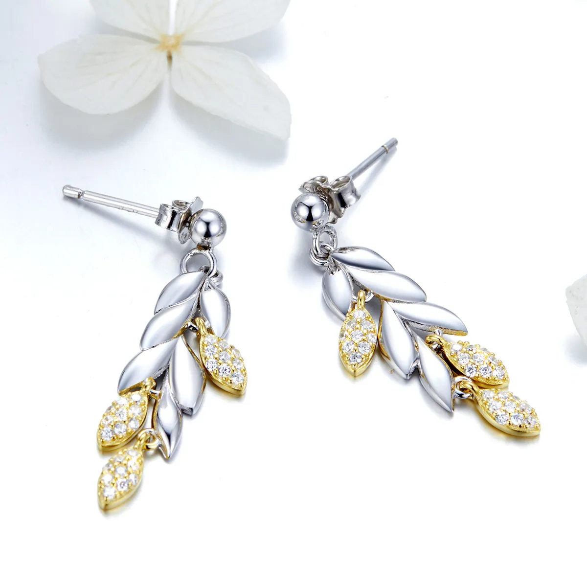 Pandora Style Two Tone Bicolor Two-Color Wheat Spike Dangle Earrings - BSE025