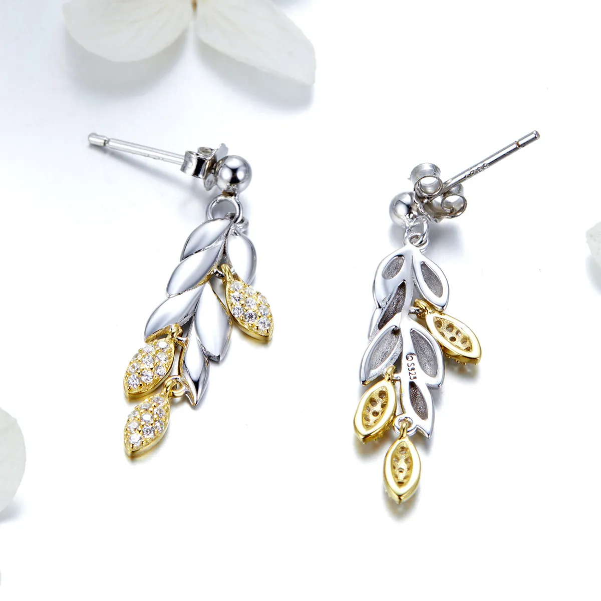 Pandora Style Two Tone Bicolor Two-Color Wheat Spike Dangle Earrings - BSE025