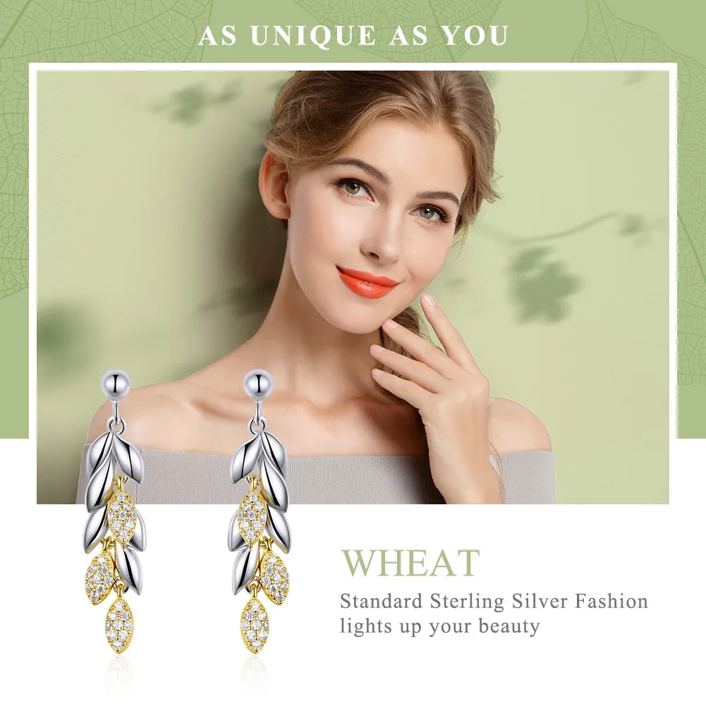 Pandora Style Two Tone Bicolor Two-Color Wheat Spike Dangle Earrings - BSE025