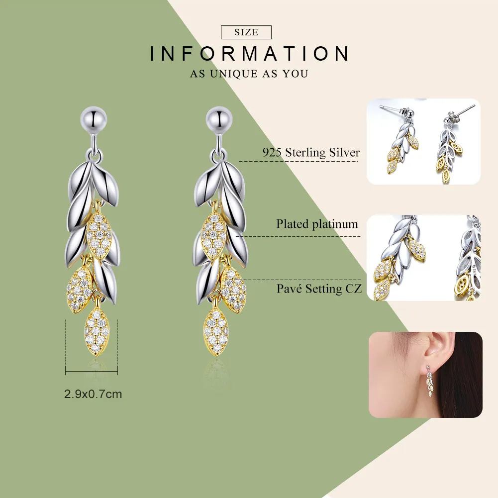 Pandora Style Two Tone Bicolor Two-Color Wheat Spike Dangle Earrings - BSE025