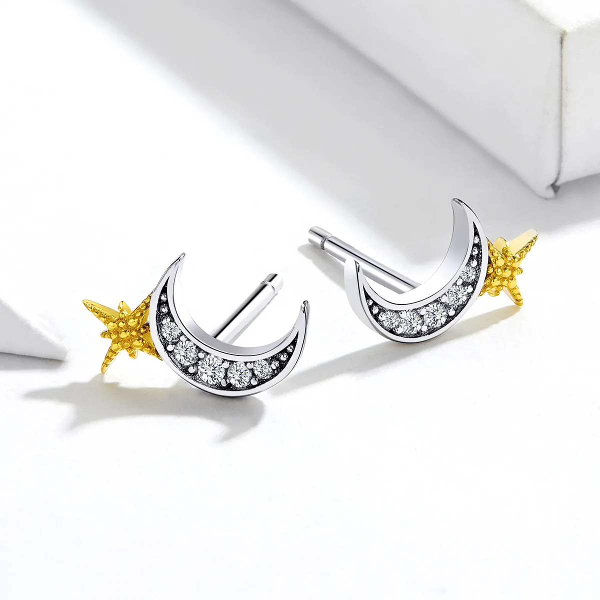 Pandora Style Two Tone Lunar Light Stud Earrings - SCE729