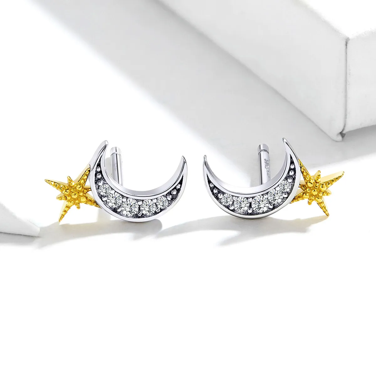 Pandora Style Two Tone Lunar Light Stud Earrings - SCE729