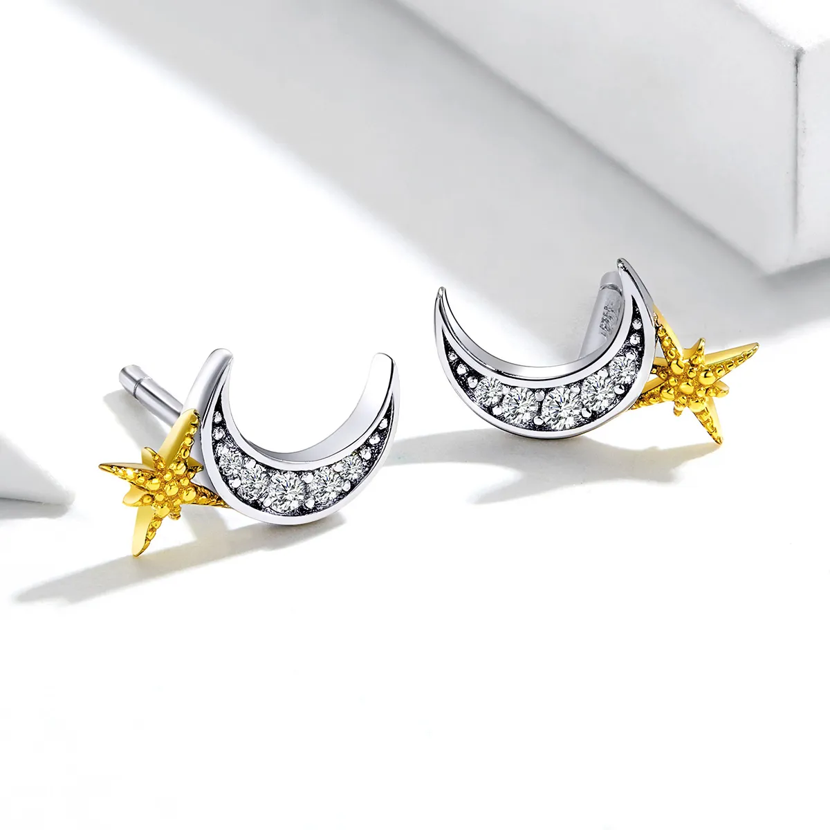 Pandora Style Two Tone Lunar Light Stud Earrings - SCE729