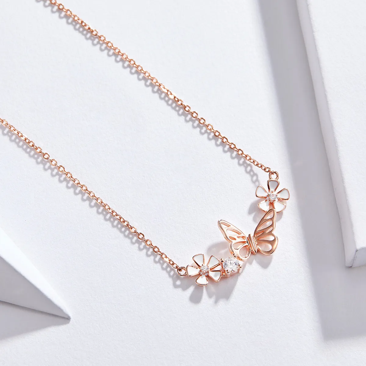 Pandora Style Rose Gold Dancing Butterfly Pendant Necklace - BSN053