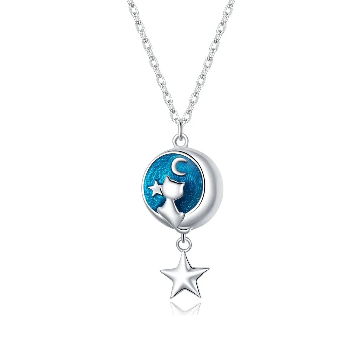 Pandora Style Silver Moon & Cat Pendant Necklace - SCN422