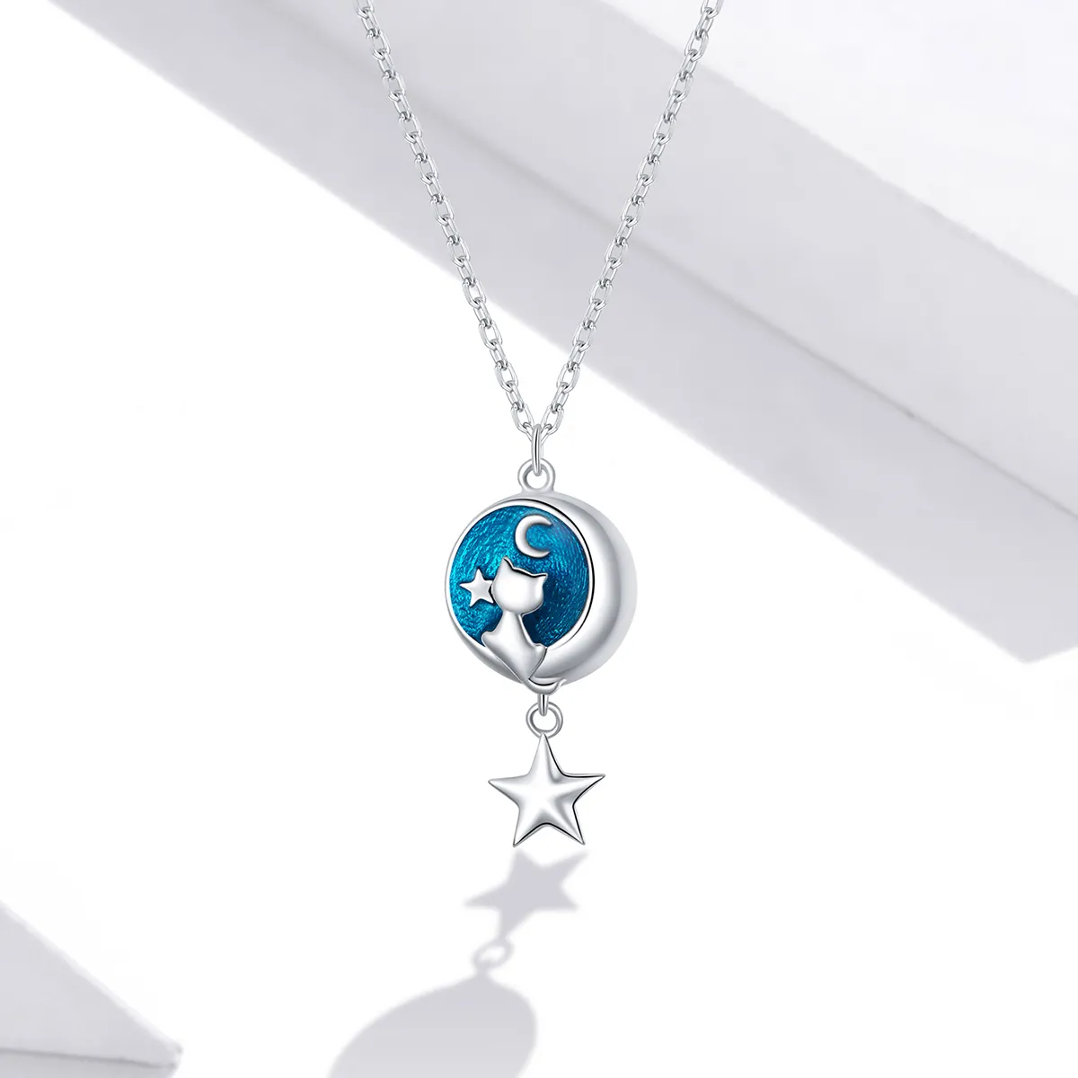 Pandora Style Silver Moon & Cat Pendant Necklace - SCN422