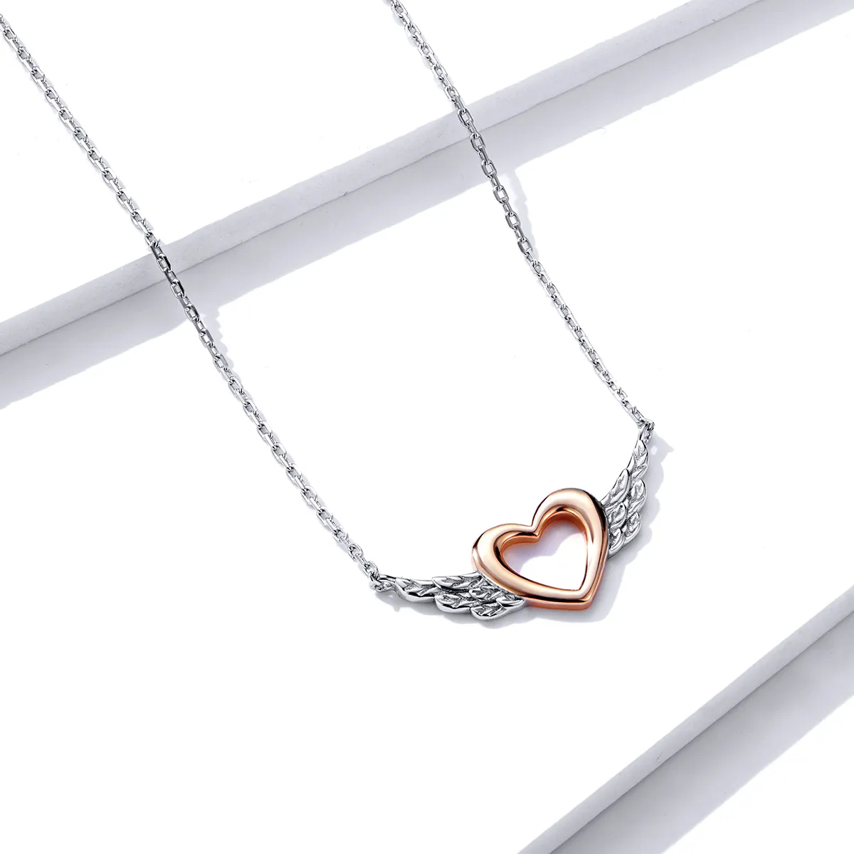 Pandora Style Two Tone Bicolor Heart Wing Pendant Necklace - BSN162