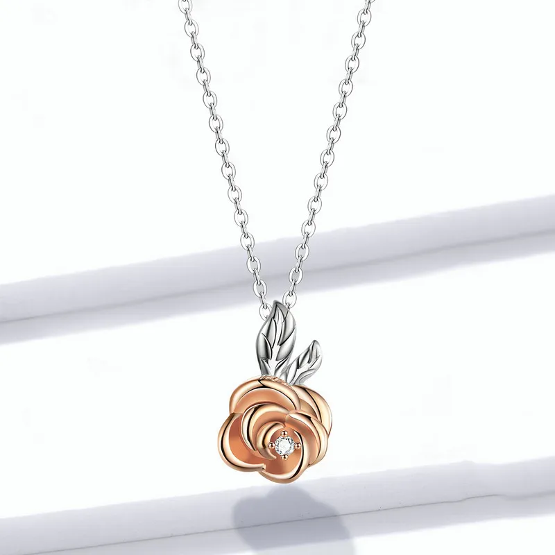 Pandora Style Two Tone Bicolor Rose Pendant Necklace - BSN155