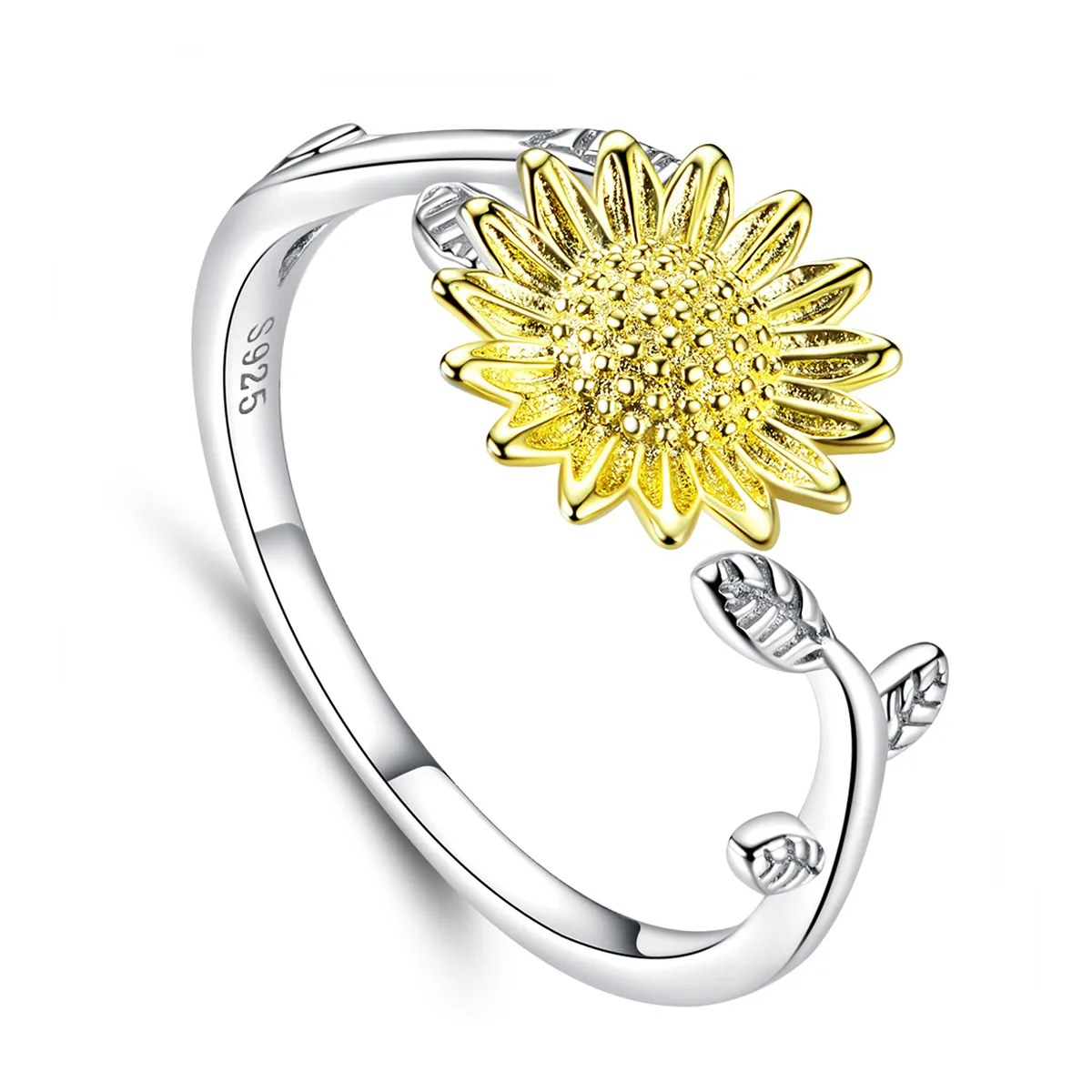 pandora style two tone bicolor golden sunflowers open ring scr596