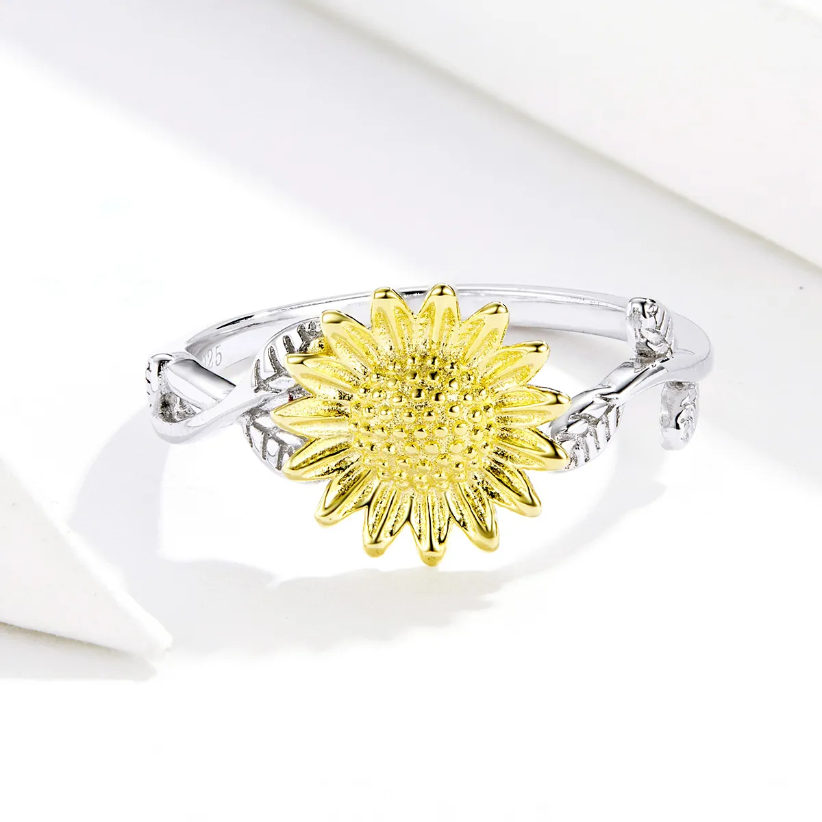 Pandora Style Two Tone Bicolor Golden Sunflowers Open Ring - SCR596