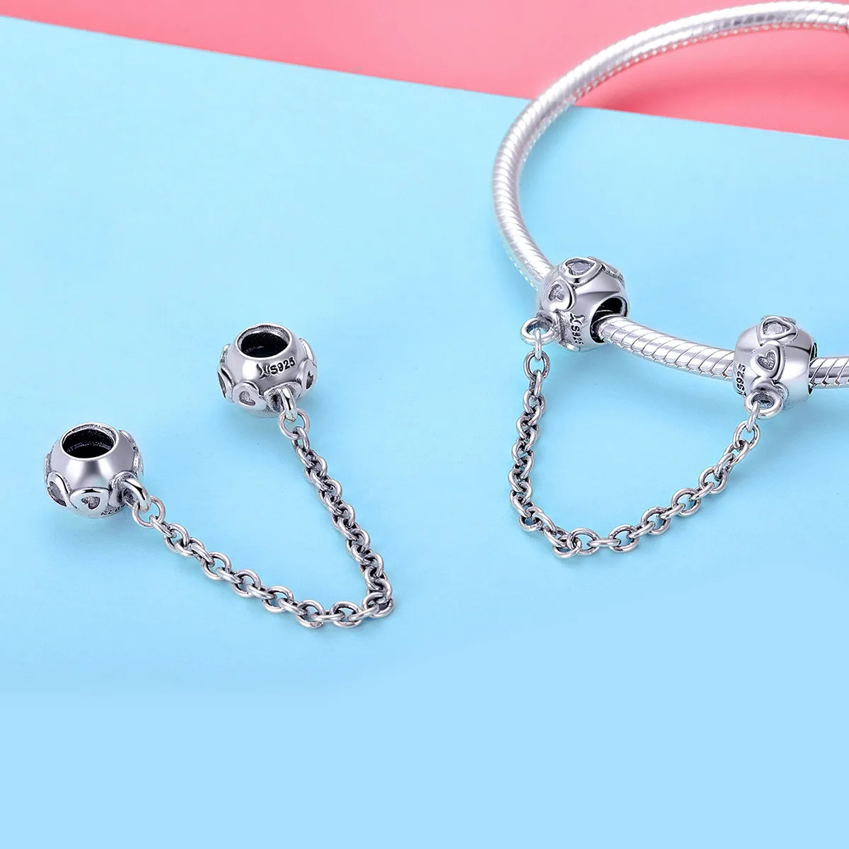 Pandora Style Silver Cute Hearts Safety Chain - SCC736