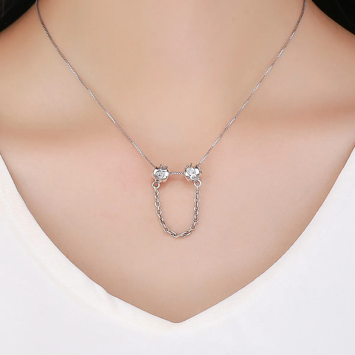 Pandora Style Silver Cute Hearts Safety Chain - SCC736