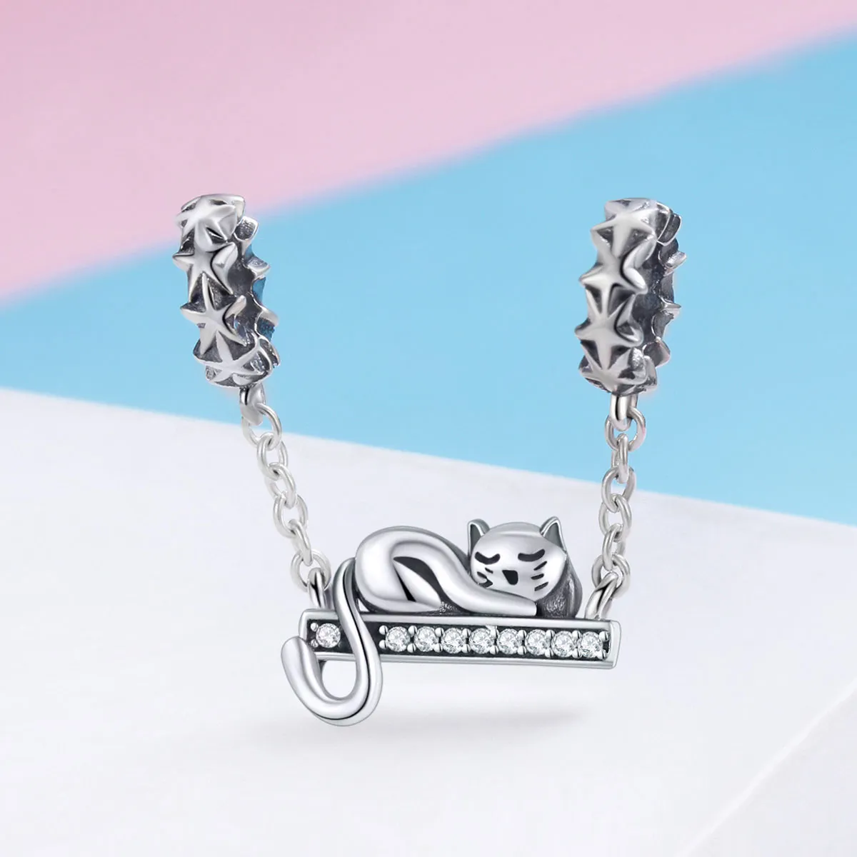 Pandora Style Silver Sleeping Cat Safety Chain - SCC856