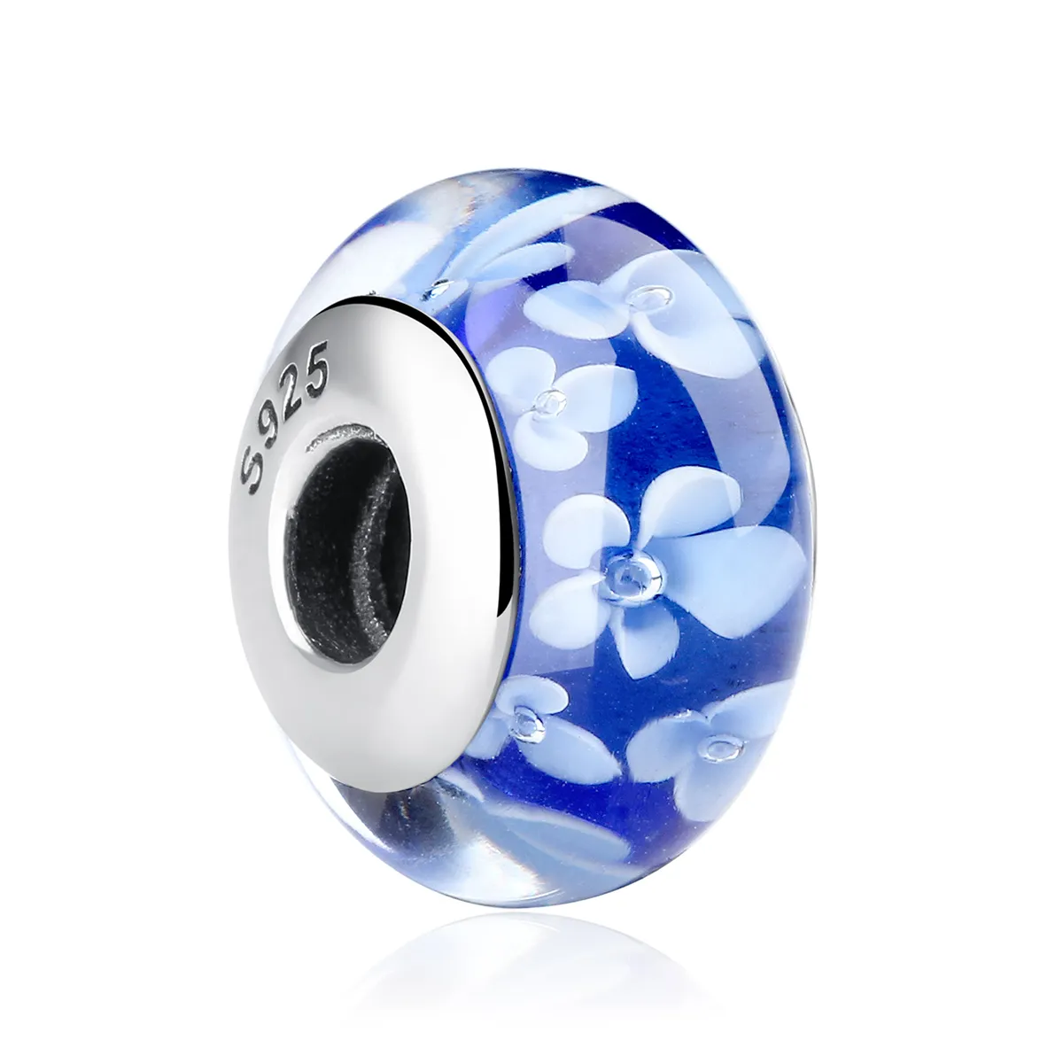 Pandora Style Blue Murano Glass White Flowers Charm - SCZ006