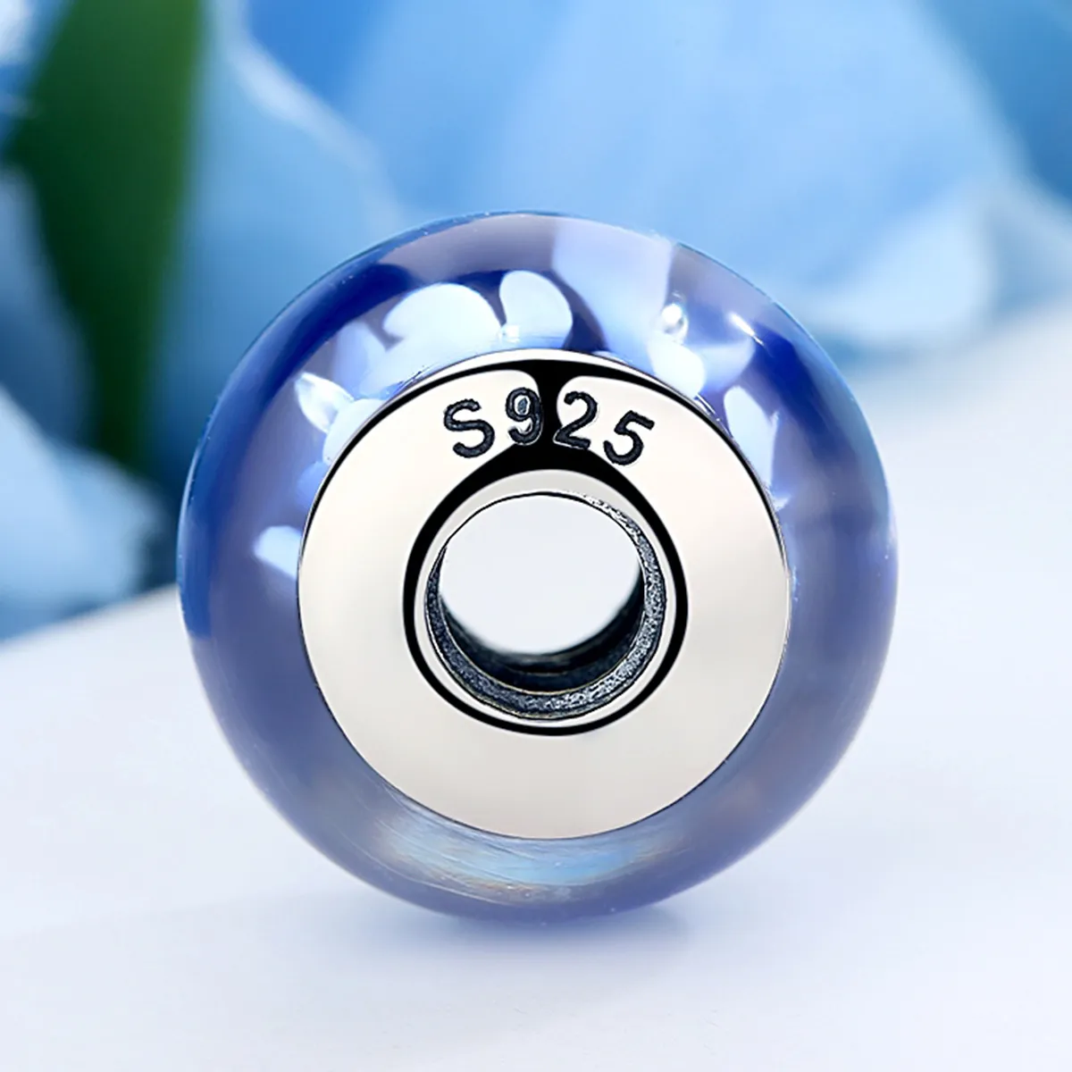 Pandora Style Blue Murano Glass White Flowers Charm - SCZ006