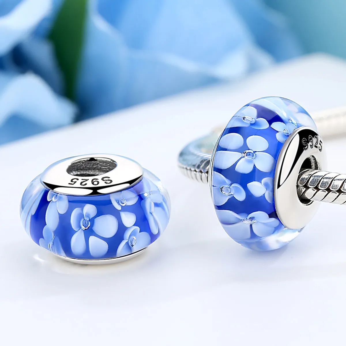 Pandora Style Blue Murano Glass White Flowers Charm - SCZ006