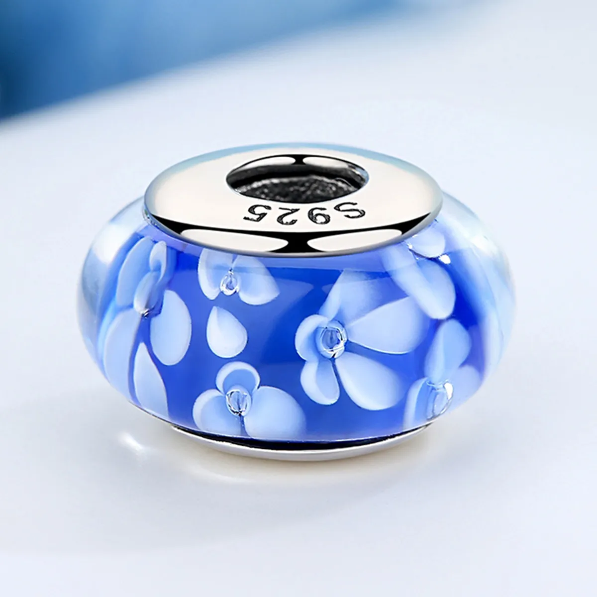 Pandora Style Blue Murano Glass White Flowers Charm - SCZ006