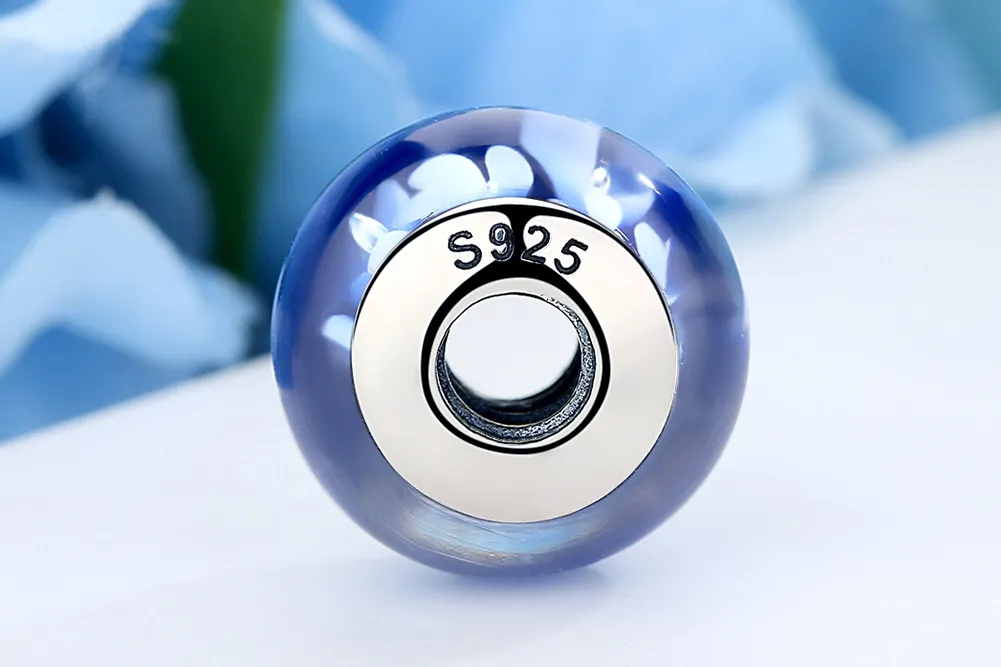 Pandora Style Blue Murano Glass White Flowers Charm - SCZ006