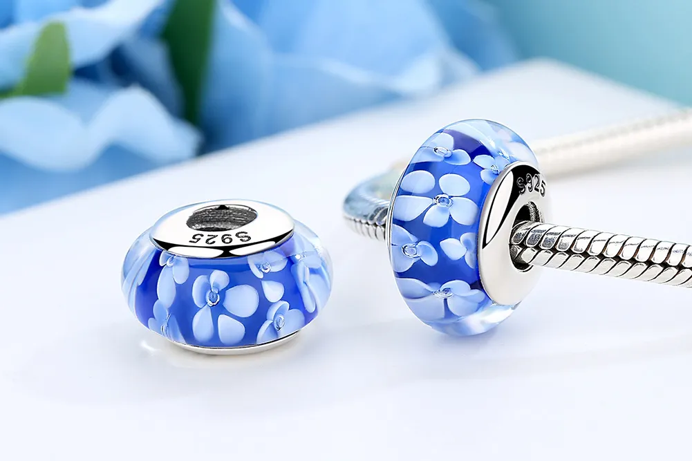 Pandora Style Blue Murano Glass White Flowers Charm - SCZ006