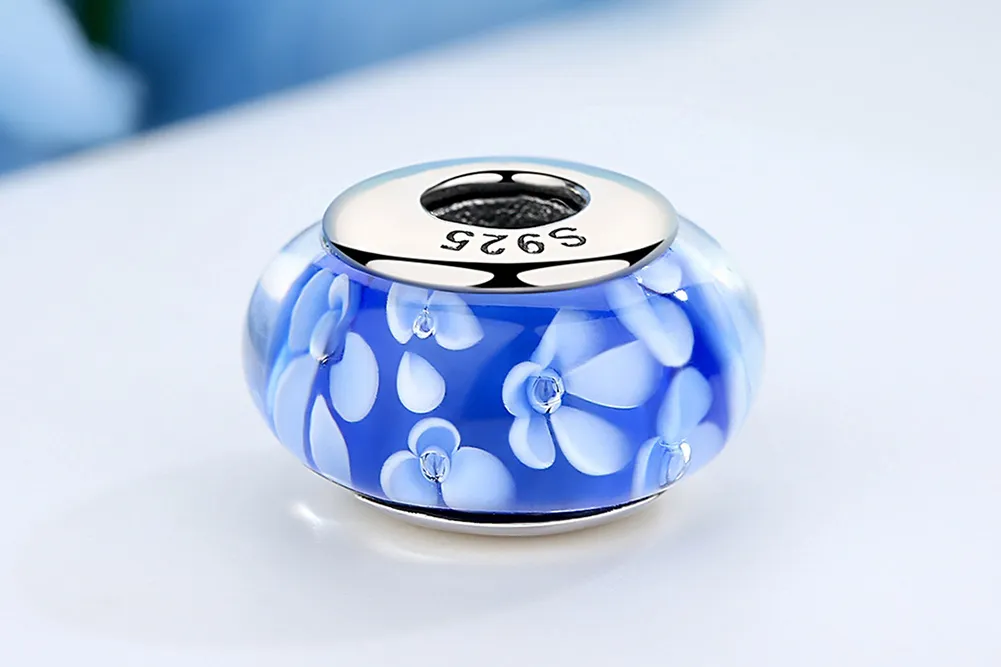 Pandora Style Blue Murano Glass White Flowers Charm - SCZ006