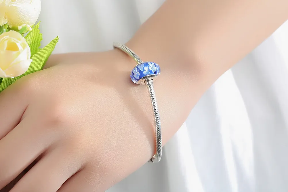 Pandora Style Blue Murano Glass White Flowers Charm - SCZ006