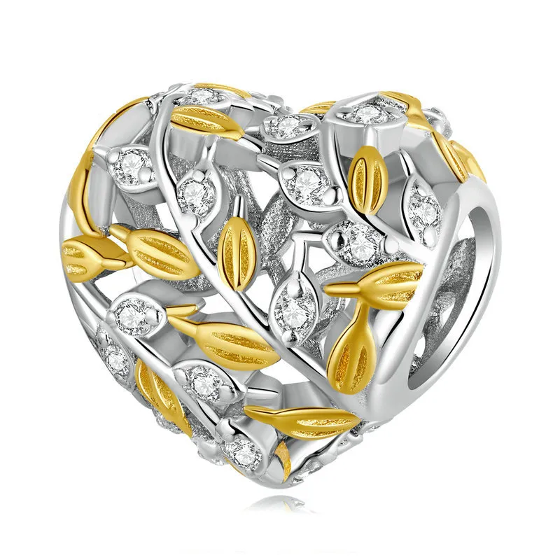 Pandora Style Heart Shaped Leaves Charm - BSC672