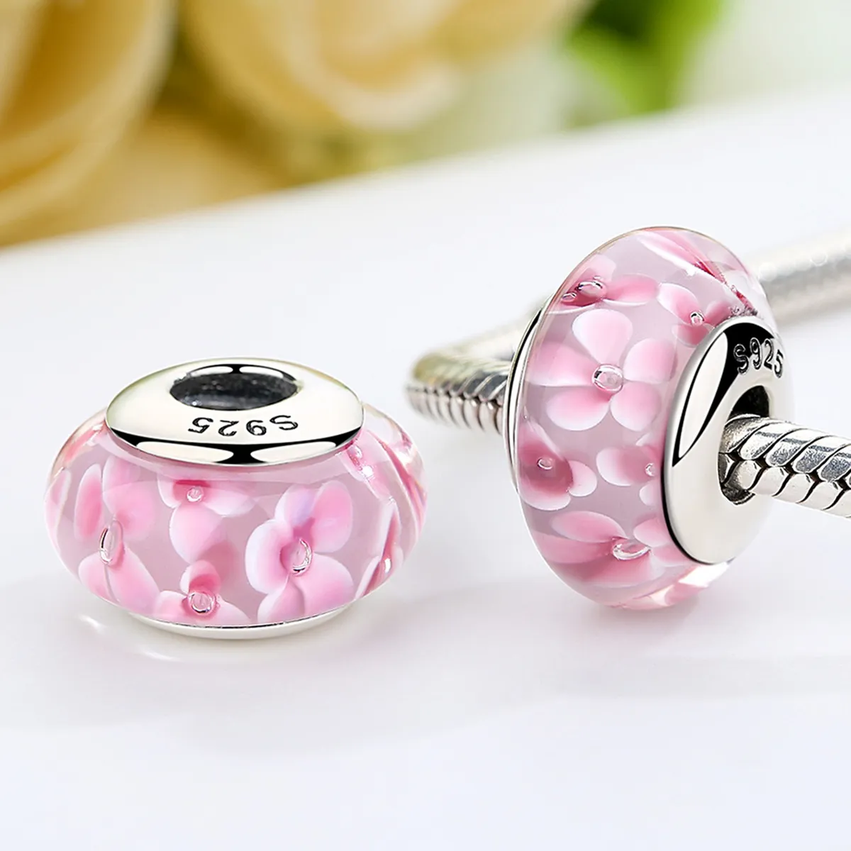 Pandora Style Pink Flowers Murano Glass Charm - SCZ008