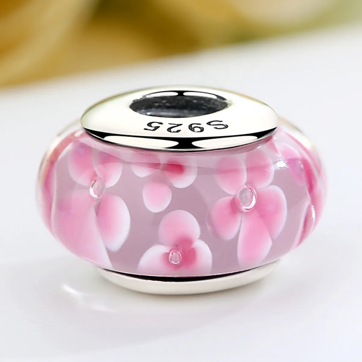 Pandora Style Pink Flowers Murano Glass Charm - SCZ008