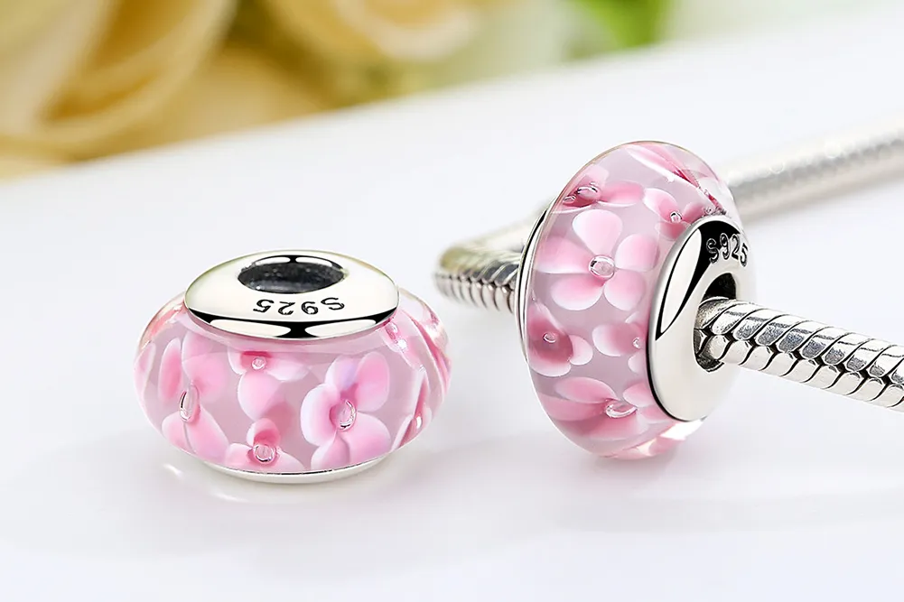 Pandora Style Pink Flowers Murano Glass Charm - SCZ008