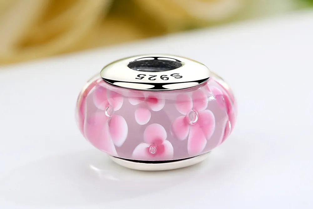 Pandora Style Pink Flowers Murano Glass Charm - SCZ008