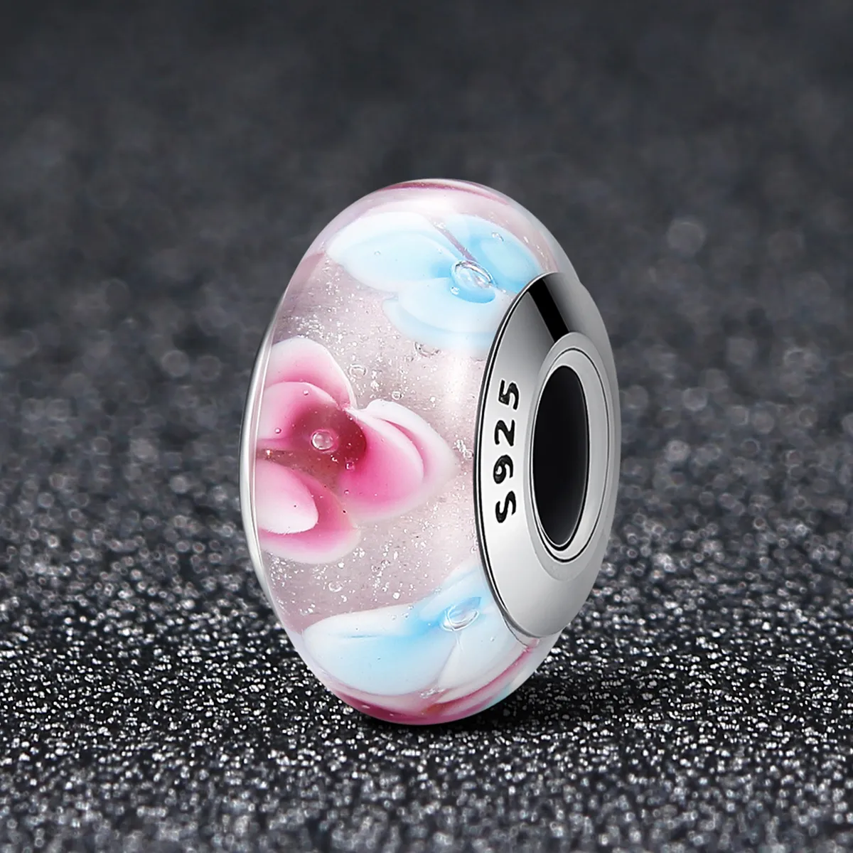 Pandora Style Pink Flowers Murano Glass Charm - SCZ056