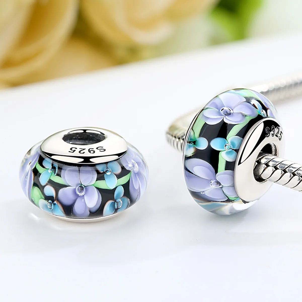 Pandora Style Purple Flowers Murano Glass Charm - SCZ009