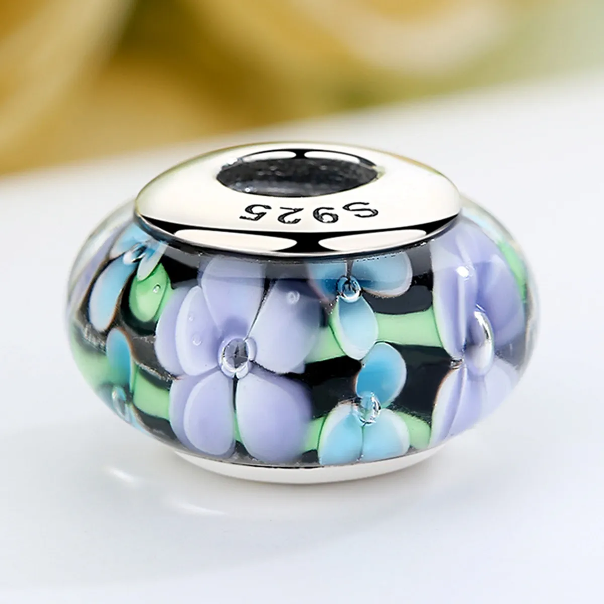 Pandora Style Purple Flowers Murano Glass Charm - SCZ009