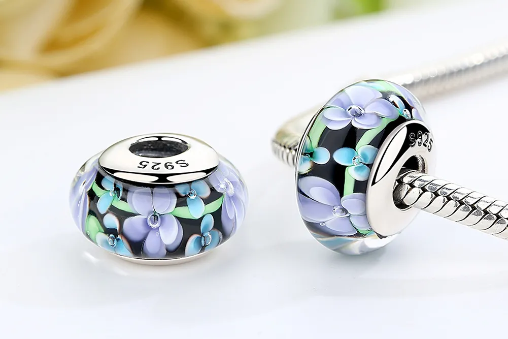 Pandora Style Purple Flowers Murano Glass Charm - SCZ009