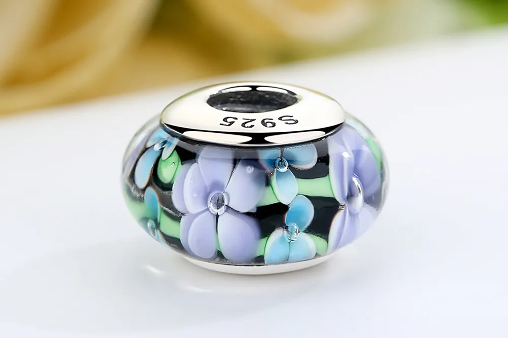 Pandora Style Purple Flowers Murano Glass Charm - SCZ009