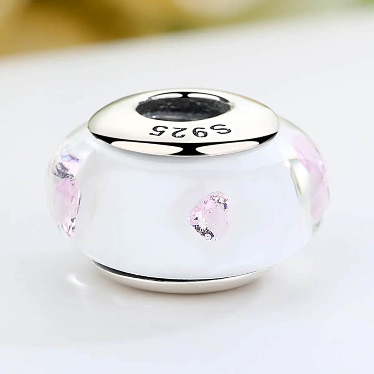 Pandora Style White Murano Glass Pink Stones Charm - SCZ004