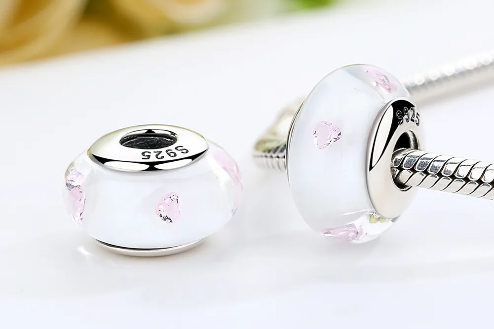 Pandora Style White Murano Glass Pink Stones Charm - SCZ004