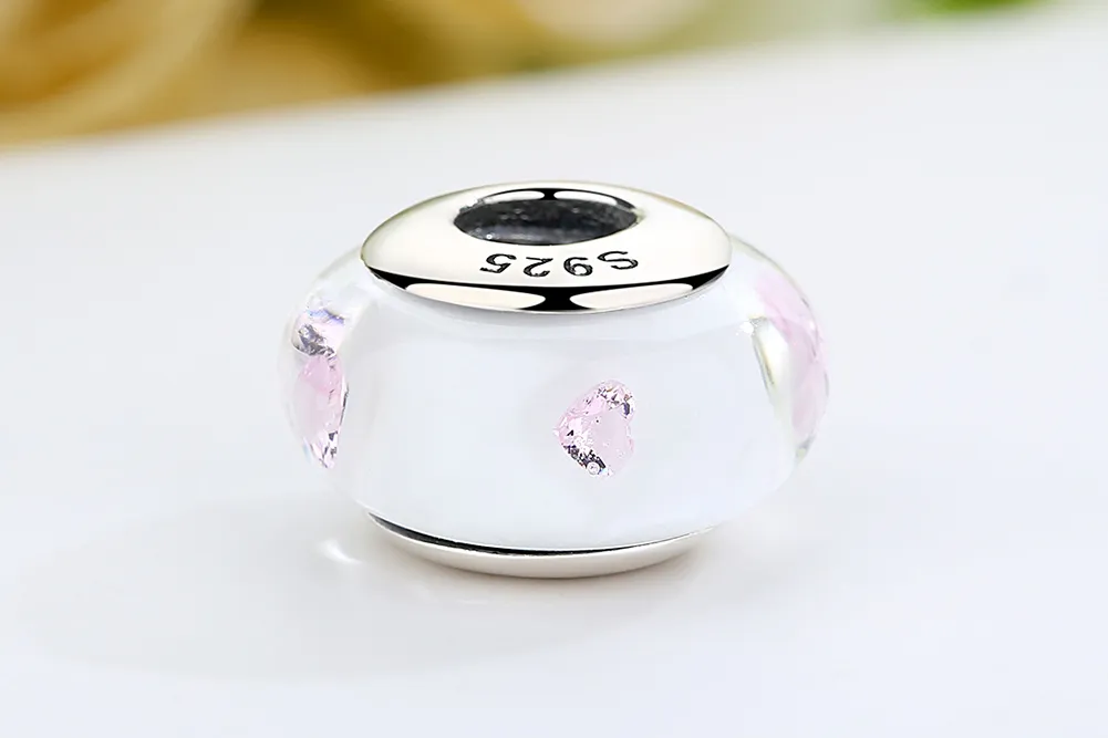 Pandora Style White Murano Glass Pink Stones Charm - SCZ004