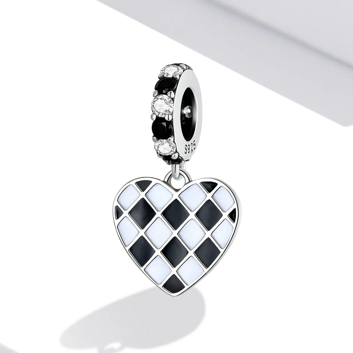 Pandora Style Black and White Grid Love Dangle - SCC2178