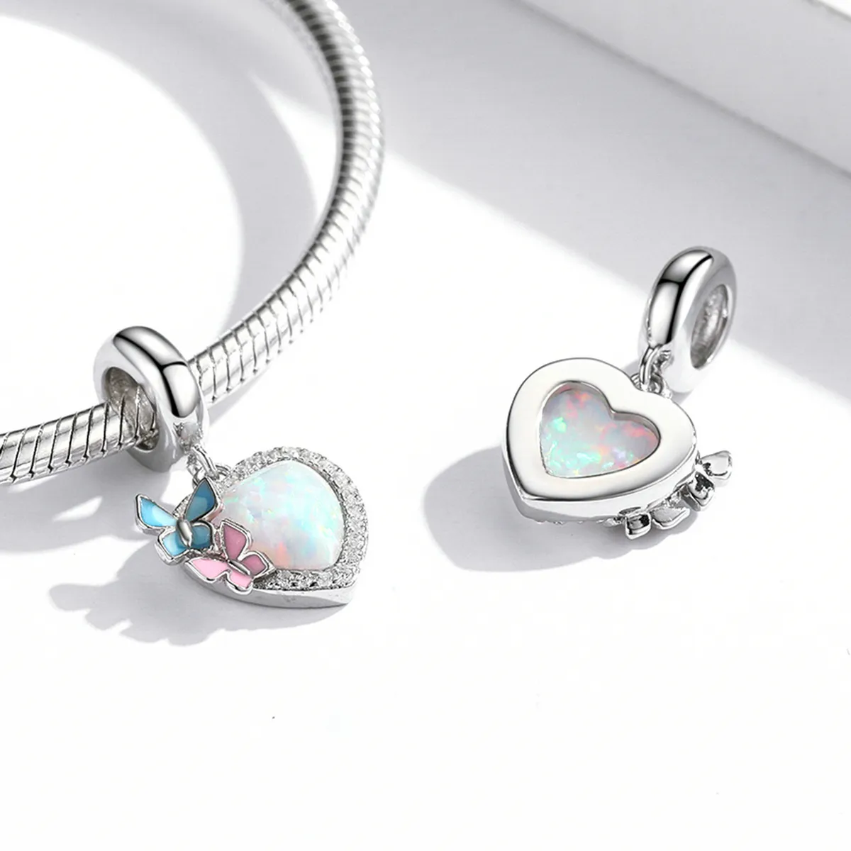 Pandora Style Opal Heart Butterfly Dangle - SCC2101