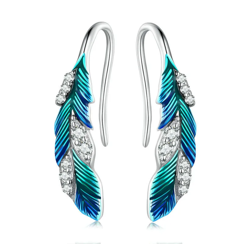 pandora style dazzling blue feather hanging earrings bse707