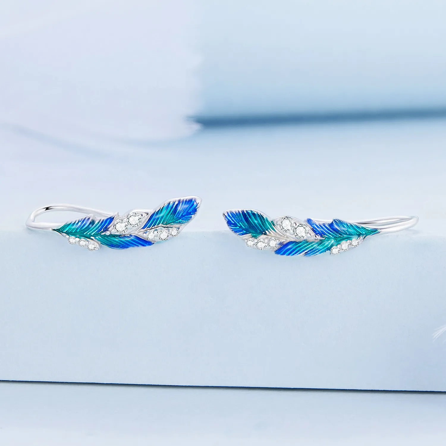 Pandora Style Dazzling Blue Feather Hanging Earrings - BSE707