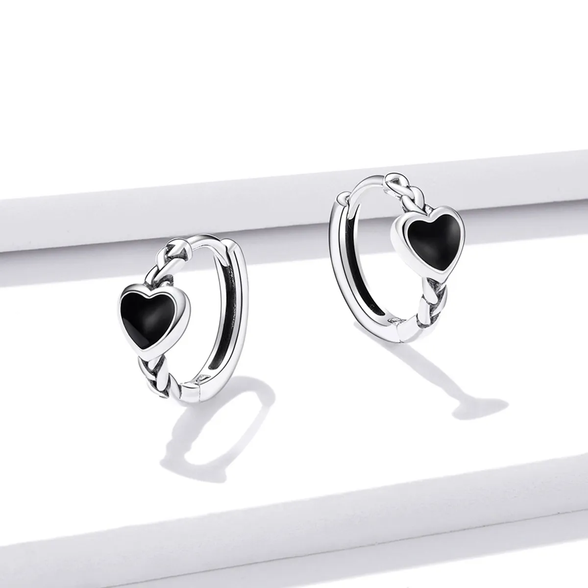 Pandora Style Black Heart Hoop Earrings - BSE456