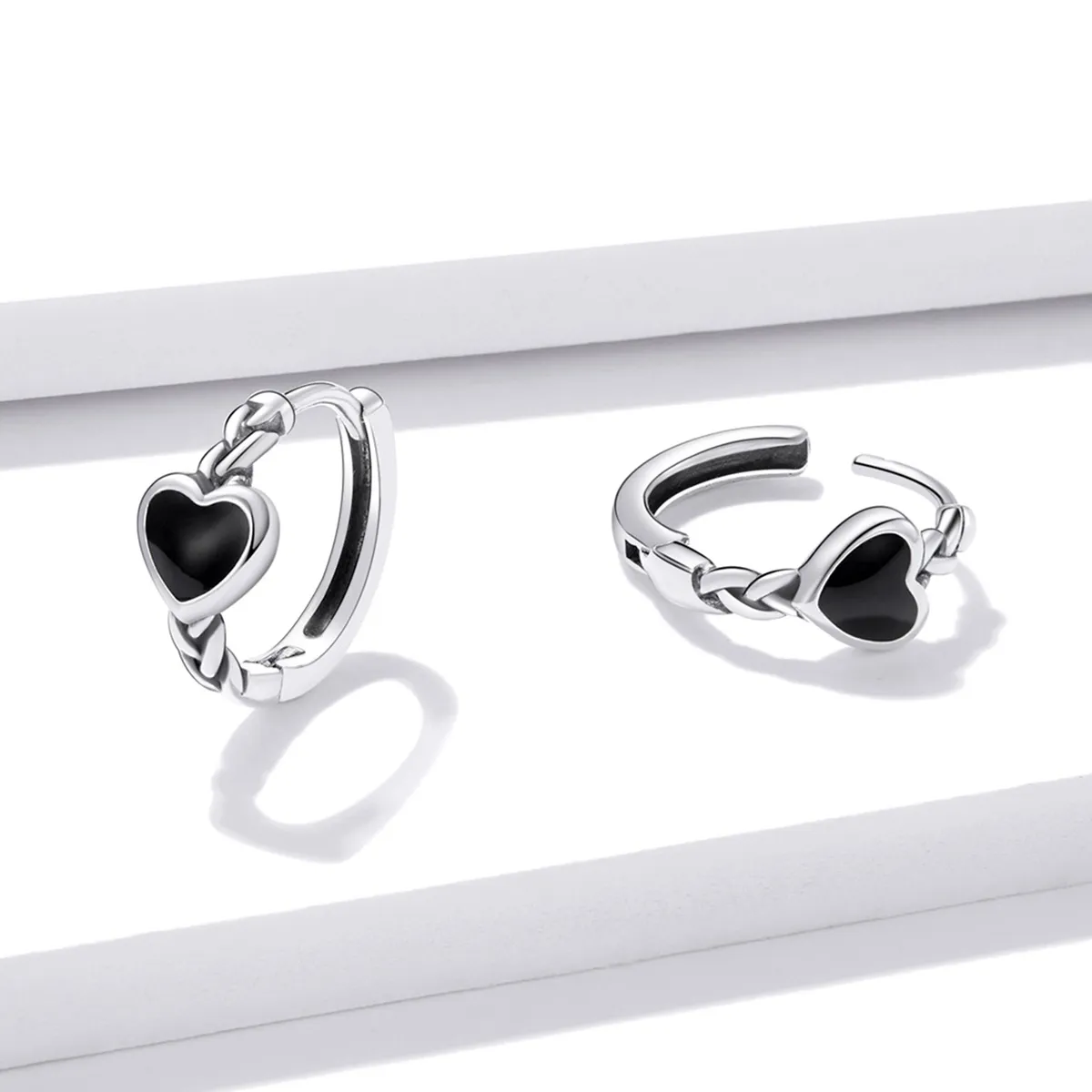 Pandora Style Black Heart Hoop Earrings - BSE456