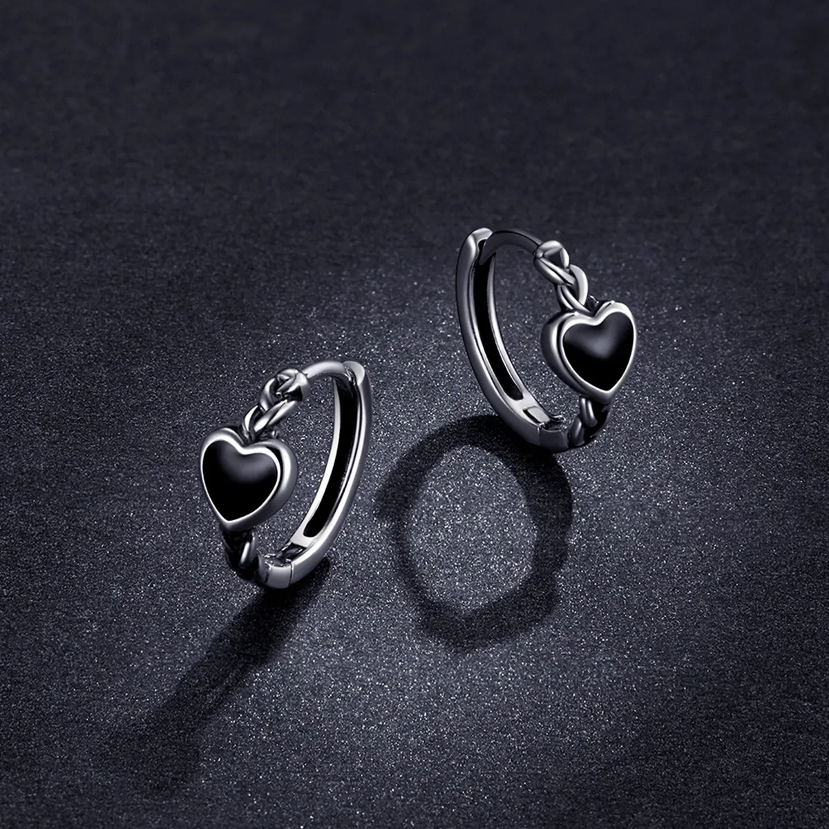 Pandora Style Black Heart Hoop Earrings - BSE456