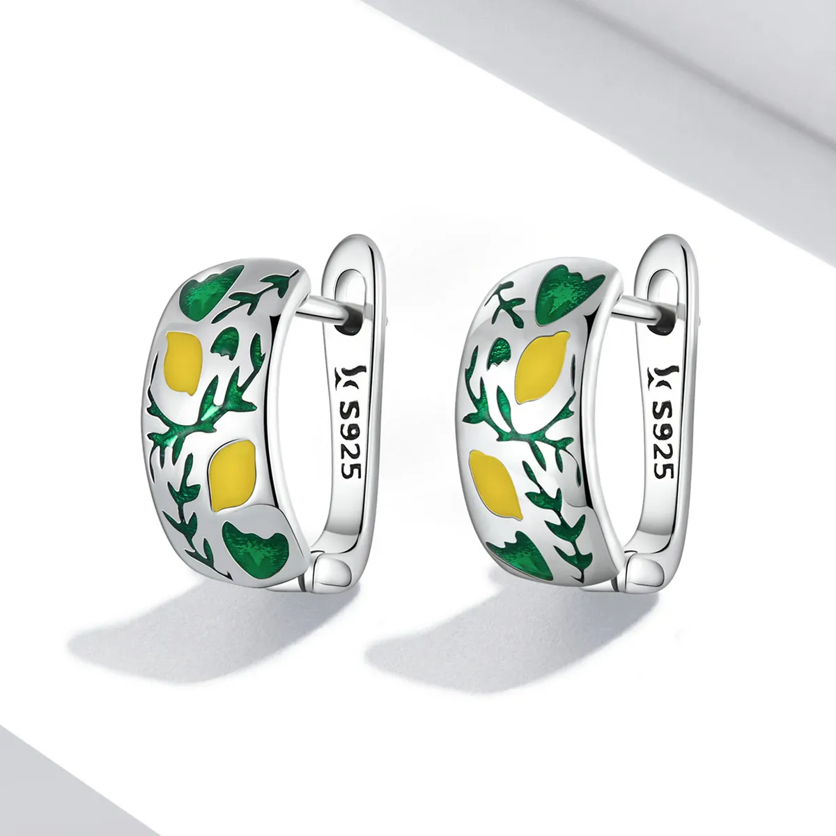 Pandora Style Green Leaf Lemon Hoop Earrings - SCE1376