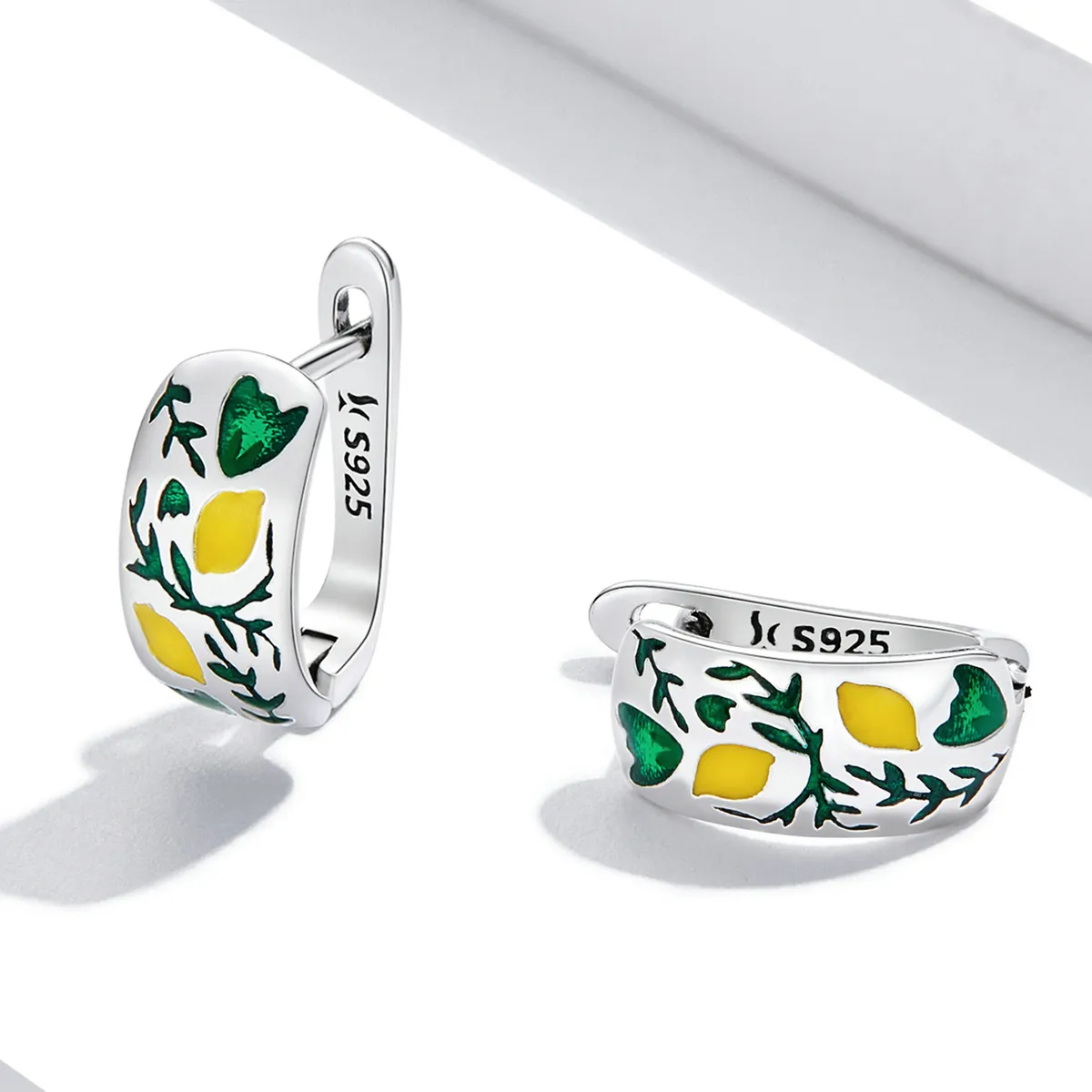 Pandora Style Green Leaf Lemon Hoop Earrings - SCE1376