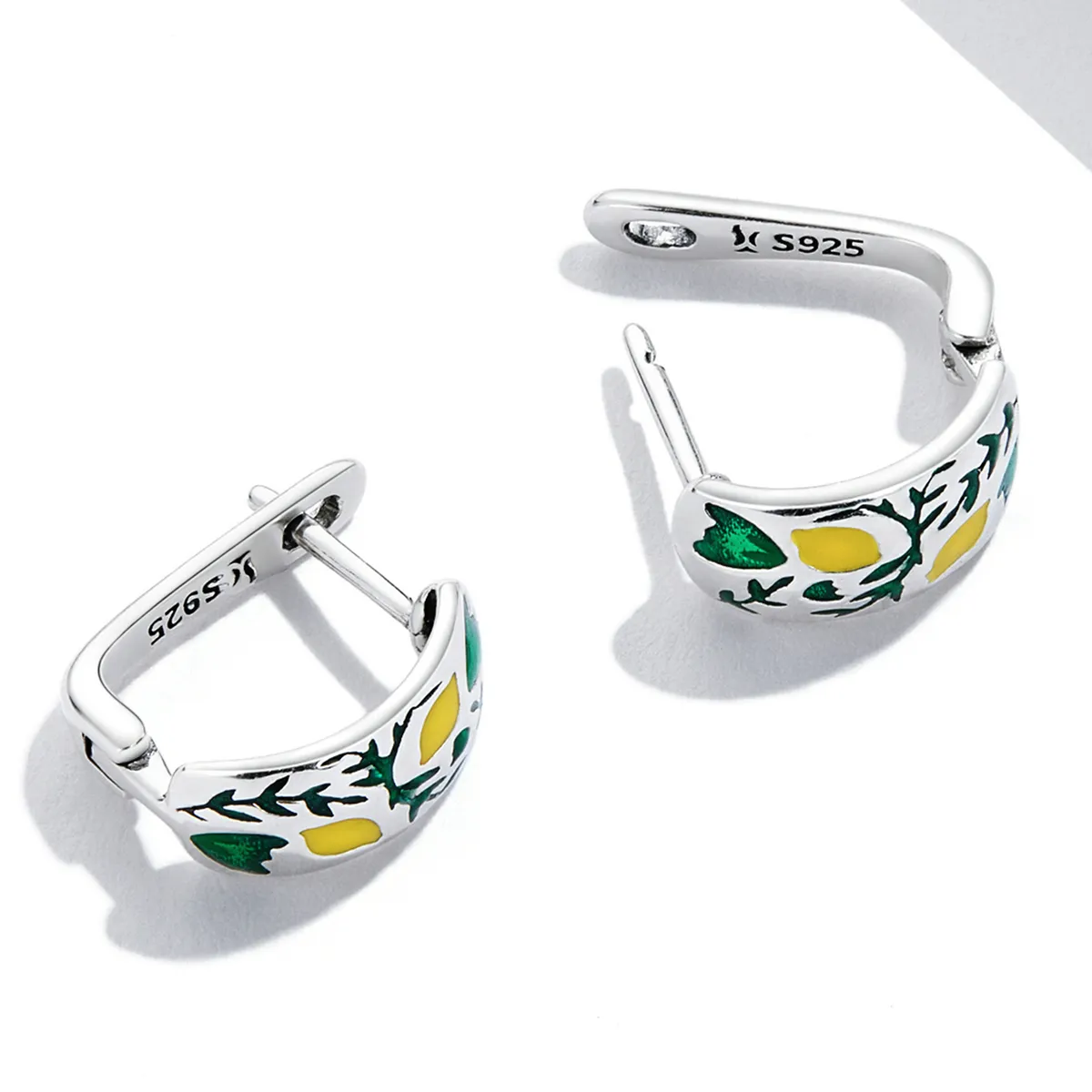 Pandora Style Green Leaf Lemon Hoop Earrings - SCE1376