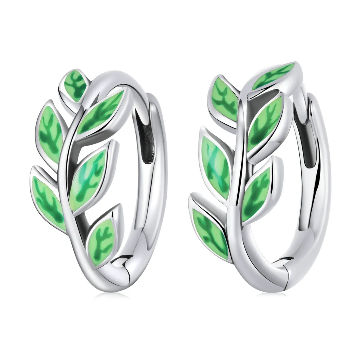 Pandora Style Green Leaves Hoop Earrings - SCE1392