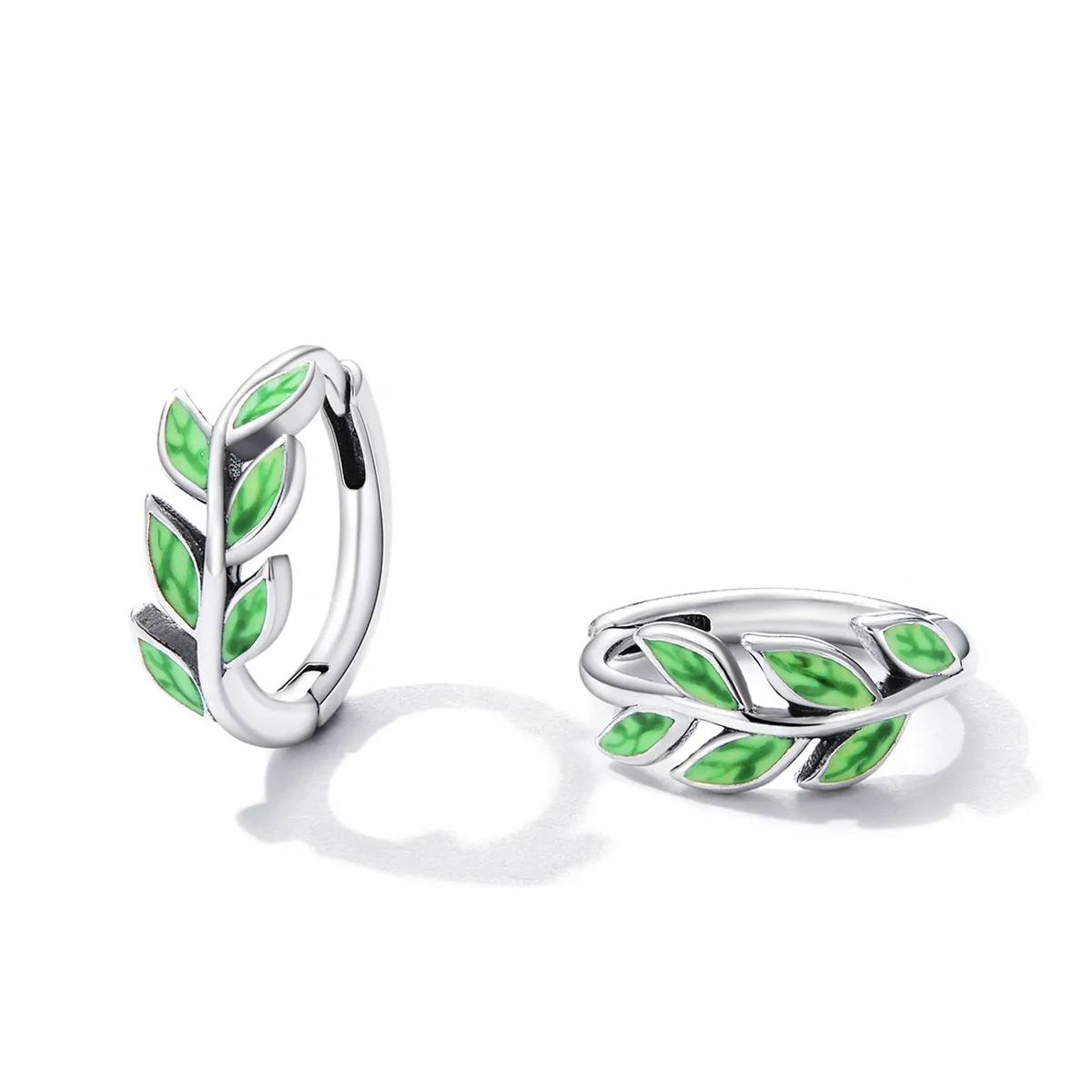 Pandora Style Green Leaves Hoop Earrings - SCE1392